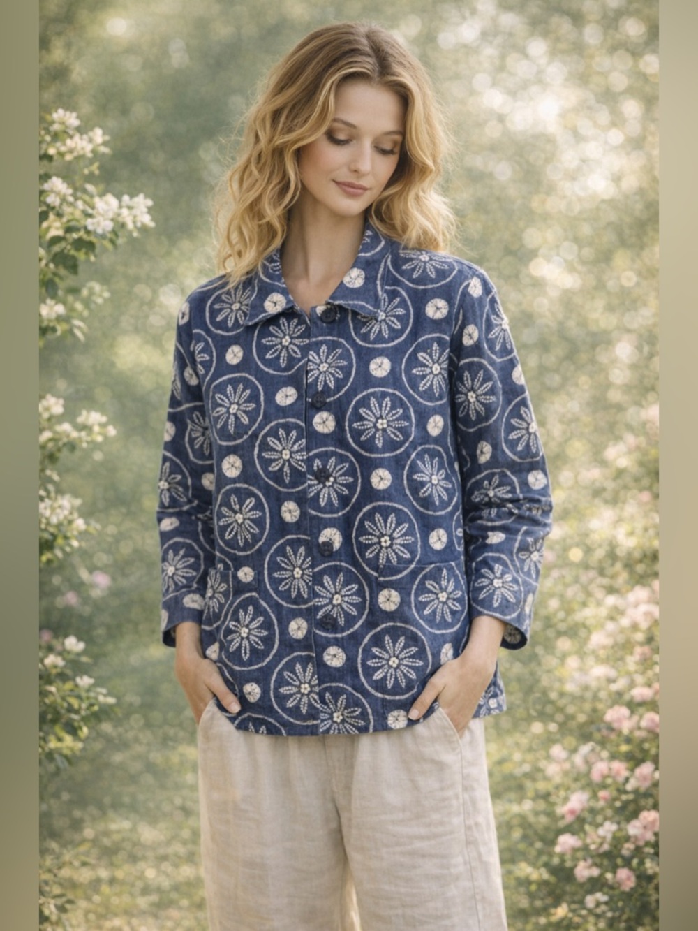 Easy Spirit 100% Linen Blue White Floral Beaded Jacket 2X Cottagecore